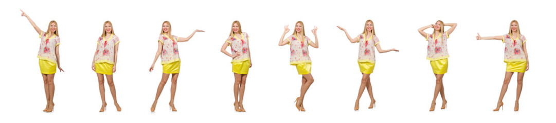 Woman pressing virtual button isolated on white