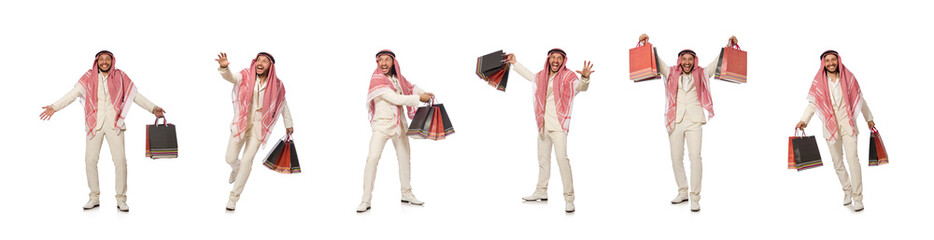 Arab man with shopping bags on white