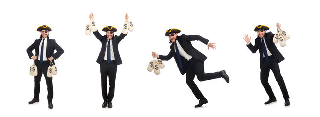 Pirate businessman holding money bags isolated on white