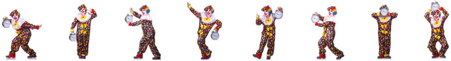 Funny male clown with alarm-clock 