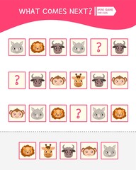 What comes next educational children game. Kids activity sheet,  Cartoon cute animal faces.