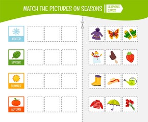 Matching children educational game. Activity for pre sсhool years kids and toddlers. Match of seasons and objects.