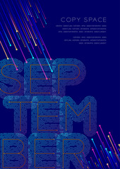 September month big text dot and dash line pattern layer overlay, Poster banner or flyer template layout design illustration isolated on blue background with copy space, vector eps10