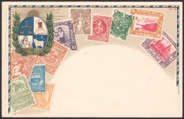 Ancient post card of Uruguay with the image of national emblem and the first postage stamps