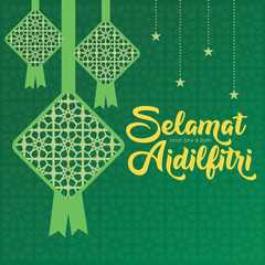 Selamat Hari Raya Aidilfitri greeting card vector illustration. (Caption: Fasting Day celebration also known as Eid al-Fitr)