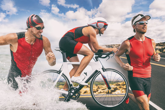 Triathlon swim bike run triathlete man training for ironman race concept. Three pictures composite of fitness athlete running, biking, and swimming in ocean. Professional cyclist, runner, swimmer. © Maridav