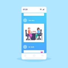 couple businesswomen colleagues discussing during coffee break business women sitting at workplace communication concept smartphone screen mobile app flat full length