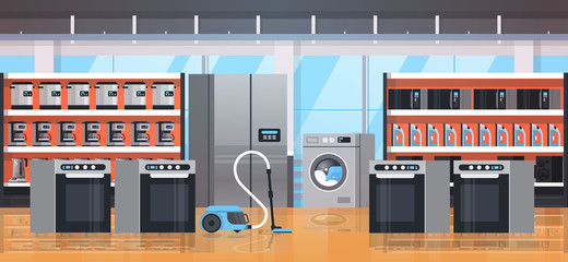different home appliances electric house equipment modern retail store showroom interior flat horizontal