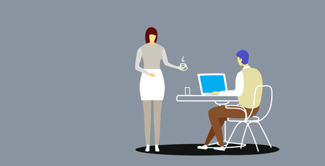 secretary bringing coffee to businessman boss sitting at workplace desk using laptop professional relationships business concept sketch full length horizontal