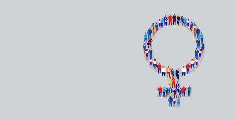 big crowd of businesspeople in female gender shape business people standing together sex sign concept horizontal