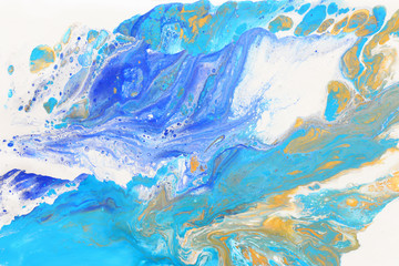 Abstract marbleized effect background. Blue and white creative colors. Beautiful paint with the addition of gold