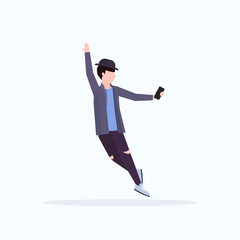 man in hat taking selfie photo on smartphone camera casual male cartoon character posing white background flat full length