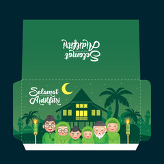 Selamat Hari Raya Aidilfitri Green Packet design template. (Caption: Fasting Day celebration also known as Eid al-Fitr)