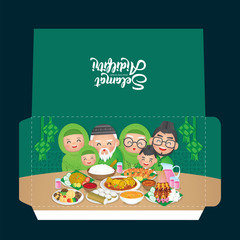 Selamat Hari Raya Aidilfitri Green Packet design template. (Caption: Fasting Day celebration also known as Eid al-Fitr)