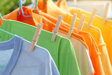 Dry clothes in bright colors in the sun.