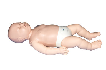 Baby CPR doll for education healthcare first aid of CPR training medical procedure of a newborn, demonstrating chest compression on ,emergency training for safe life.
