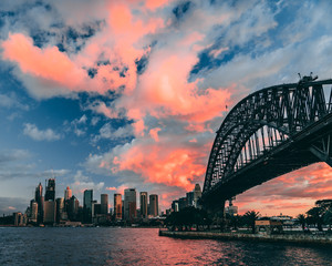 Sydney Harbour Bridge and Sydney Skyline at sunset