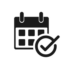 Calendar with check mark. Event planner icon. Meeting schedule icon. Appointment date symbol illustration.