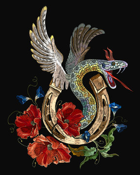 Embroidery snake with wings and gold horseshoe. Red poppies. Renaissance style. Gothic template for clothes, textiles, t-shirt design