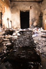 Burnt piece of wood and a door. Desolation