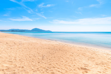 Fototapeta na wymiar Background, empty beach, horizon with sky and white sand beach. Background image. Travel and holiday ideas