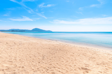 Background, empty beach, horizon with sky and white sand beach. Background image. Travel and holiday ideas