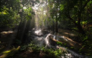 waterfall in Kanjanaburi Thailand (Huay Mae Kamin waterfall Nation Park).Huay Mae Kamin Waterfall, beautiful waterfall in deep forest, Kanchanaburi province, Thailand