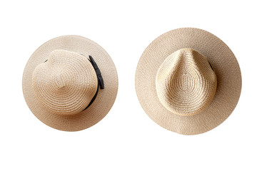 collection of vintage pretty straw hat isolated on white background