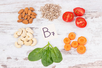 Healthy products as source minerals, vitamin B7 and fiber, nutritious eating concept