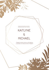 Wedding invitations or card templates with modern golden geometric borders on a white background