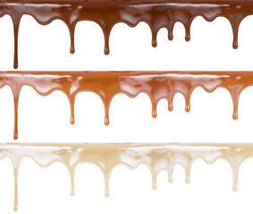 Various melt chocolate set on cake top. Dark, milk and white one are included.