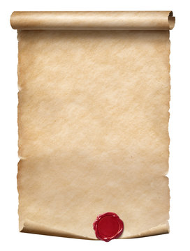 Old parchment scroll with wax seal isolated on white