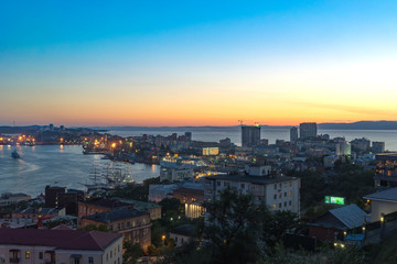 night landscape of the beautiful port city. Vladivostok, Russia
