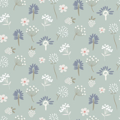 Floral meadow pastel blue seamless vector pattern.