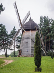 Obraz premium 19th century dutch type windmill in Heritage park in Olsztynek town in Warmia-Mazury Province, Poland