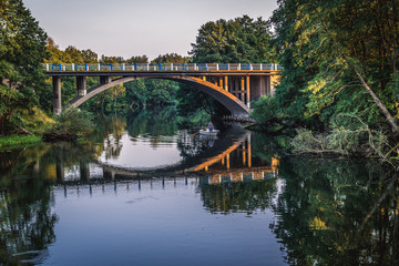 View of River Brda with bridge in Mecikal town in Pomerania region, Poland - obrazy, fototapety, plakaty