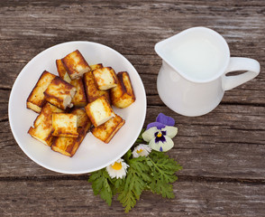 Plate of fried homemade cheese paneer with milk - country meal