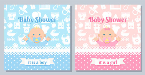 Baby invitation card. Vector. Baby Shower boy, girl design. Cute pink, blue banner. Birth party background with newborn kid. Greeting poster. Welcome template invite. Cartoon flat illustration.