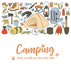 Camping card template. Take a walk on the wild side. Hiking icons colored sketch style set. vector collection. frame on top