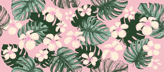 Selbstklebende Fototapeten Tropical green leaves pattern pink background. Hand drawn illustration. © Tatiana