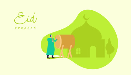 Happy eid mubarak or ramadan greeting with people character. islamic design illustration concept. template for web landing page, banner, presentation, social, poster, ad, promotion or print media