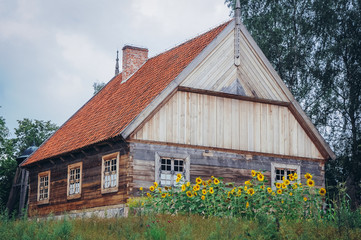 Fototapeta na wymiar 18th century wooden cottage from Masuria region in heritage park in Olsztynek town of Olsztyn County in Warmia-Mazury Province, Poland