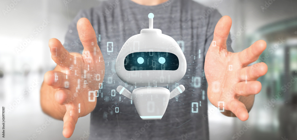 Poster businessman holding chatbot with binary code 3d rendering