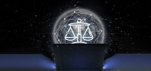 Hacker man holding Cloud of justice and law icon bubble with data 3d rendering