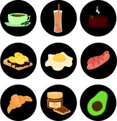 Set of vector ingredients for breakfast. Fried eggs, sausages, tea. Design for the logo of the menu, cafe, restaurant.