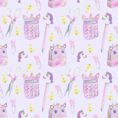 Back to school watercolor illustartion unicorn stationery hand drawn  seamless pattern of on light purple background
