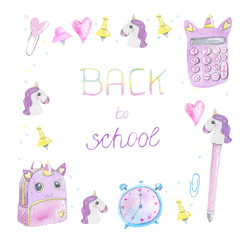 Back to school illustration set watercolor frame unicorn stationery hand drawn on white background  