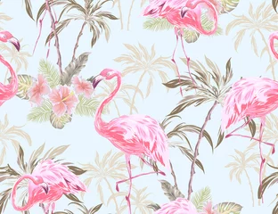 Papier peint Palmiers Motif exotique sans couture avec flamant rose, fleur d& 39 hibiscus, palmier, feuilles de palmier. Patch vectoriel pour papiers peints, tissus, textures de surface, textiles.
