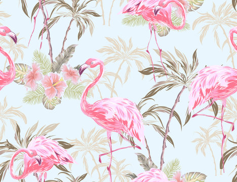 Exotic seamless pattern with flamingo, hibiscus flower, palm tree, palm leaves. Vector patch for wallpapers, fabric, surface textures, textile.
