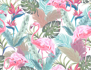 Tropical seamless pattern with pink flamingo, exotic flowers and leaves. Vector patch for wallpapers, fabric, surface textures, textile.